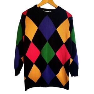 Vintage 90s Liz Claiborne Harlequin Argyle Sweater Crew Neck Black Multicolor S